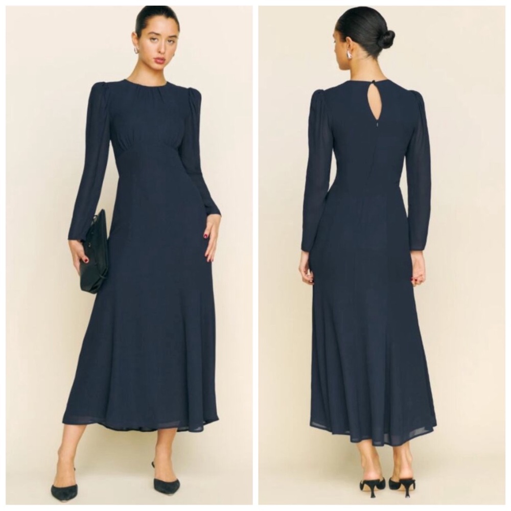 Reformation Navy Long Sleeve Midi Dress